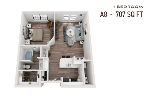 Floor plan for 1 bed, 1 bath, 707 sqft